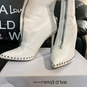 Wild Diva White Pointed Stiletto Booties with Silver Stud Trim